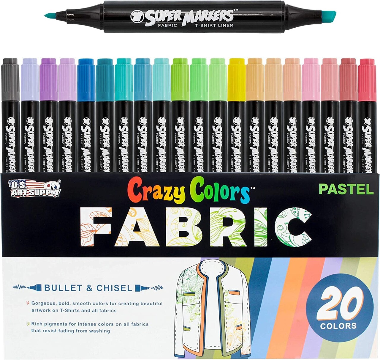 Super Markers 20 Unique Colors Dual Tip Fabric &#x26; T-Shirt Marker Set-Double-Ended Fabric Markers with Chisel Point and Fine Point Tips - 20 Permanent Ink Vibrant and Bold Colors